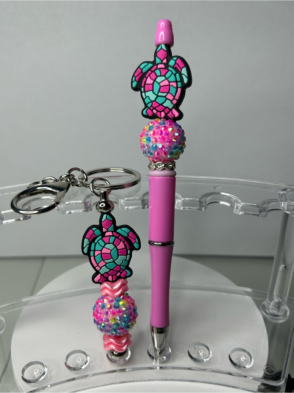 Custom-made Pink Turtle Bead Pen & Keychain Set